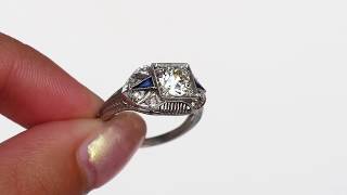 1920s Art Deco Platinum .88ct Old European Brilliant Cut Diamond and Sapphire Engagement Ring