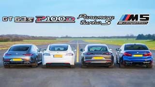 Tesla Model S v AMG GT 4 v BMW M5 v Porsche Panamera Turbo S - DRAG RACE, ROLLING RACE & BRAKE TEST