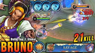 SAVAGE!! 21 Kills Bruno Shutdown All Enemies!! - Build Top 1 Global Bruno ~ MLBB
