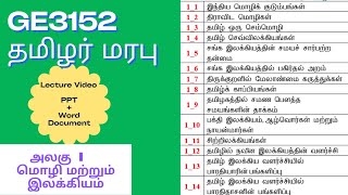 GE3152 தமிழர் மரபு- அலகு  I மொழி மற்றும் இலக்கியம்HERITAGE OF TAMILS UNIT 1 LANGUAGE AND LITERATURE