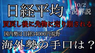 10/2【日経平均】空売りの買い戻し一服後に再び先物で売り崩される。SQまでは上値重い展開か？海外勢の手口はいかに！