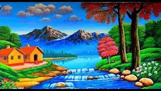 lakeside waterfall scenery painting/ waterfall scenery drawing/drawing of nature/Acrylic Painting