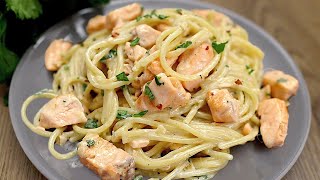 A very simple and delicious recipe for creamy salmon pasta. Quick dinner!