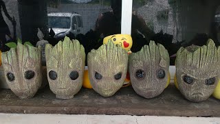 Diy Baby Groot Vasinho de cimento, com garrafa pet e meia velha. Marvel Sculpting concrete