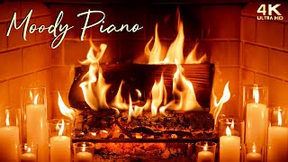 Cozy Fireplace with Moody Piano Music | Crackling Fire Ambience with Soft Candle Glow