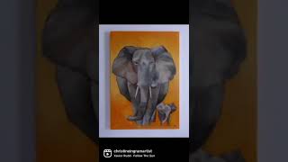 Wildlife art oil painting elephant and cub