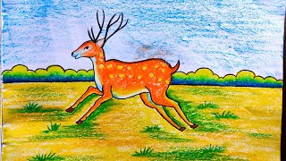 Runing deer scenary in forest drawing with oil pastel colour//step by step//for beginners