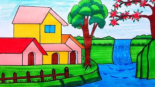 Beautiful village landscape scenery drawing | Indian village scenery drawing | Prakritik drishya