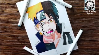 how to draw naruto vs sasuke half face |naruto vs naruto drawing with colour |step by step tutorial