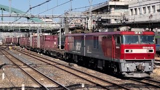 JR貨物EH500形54号機＋コキ20B（両）が大宮駅4番線にやや高速入線〜ブレーキをかけながら通過するシーン（3086レ・仙貨A113・コンテナ輸送）2023.1.20