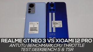 Realme Gt neo3 vs Xiaomi 12 Pro Antutu Benchmark,Cpu Throttle Test, Tsr and GeekBench5