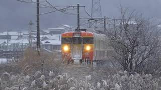 降雪の中を走行する、しなの鉄道115系＆北陸新幹線。