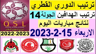 ترتيب الدوري القطري وترتيب الهدافين ونتائج مباريات الاربعاء 15-2-2023 الجولة 14 - دوري نجوم قطر
