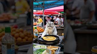 The hard-working cat is reluctant to eat pancakes and eats steamed buns to save money