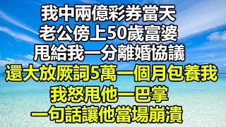 我中兩億彩券當天，老公傍上50歲富婆，甩給我一分離婚協議，還大放厥詞5萬一個月包養我，我怒甩他一巴掌，一句話讓他當場崩潰