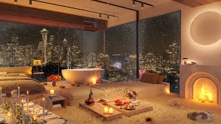 🔥 Cozy Winter Apartment with Fireplace | Snowy Night \u0026 City Lights ❄️