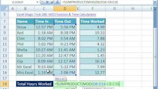 Excel Magic Trick 298: MOD function Formula for Total Time Worked