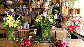 Hubba Bubba! How to arrange: Blooms, gladioli, solidago, lisianthus, alstro and sedum