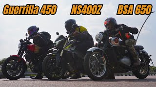 NS400Z vs Guerrilla 450 vs BSA GoldStar 650 Drag Race