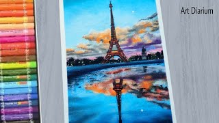 Easy! Eiffel Tower Scenery Drawing & Coloring with Oil Pastel [ for Beginners ]