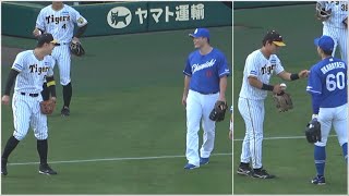 笑顔で挨拶を交わす同学年の細川\u0026佐藤輝明！三重の後輩前川に挨拶される岡林！ (2023/07/15)