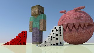 Giant Dominoes VS Giant Pacman and Minecraft Statues - Red Pacman Eats Domino And Then This Happened
