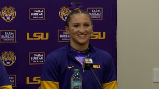 LSU Gymnasts address media following a close win against Florida.