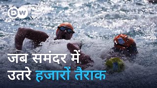 एशिया से यूरोप तक तैराकी [Thousands swim between continents in iconic Istanbul race]