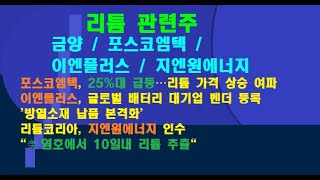 리튬 관련주 / 금양 / 포스코엠텍 / 이엔플러스 / 지엔원에너지 / 포스코엠텍, 25%대 급등…리튬 가격 상승 여파