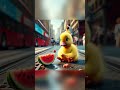 duckling is eating watermelon happily funny duck cartoon cute