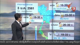 3 ม.ค.61 พยากรณ์อากาศ เหนือ กลาง ตะวันออก อากาศเย็น / อีสาน อากาศเย็น-หนาว / ใต้ ฝน 10-30%