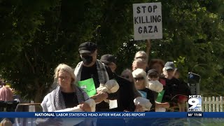 Peaceful funeral procession held in front of Hayward Field calling for an end to the killing in Gaza