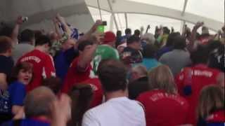 Chelsea fans singing loudly as they arrive for the Champions League Final at the Allianz Arena