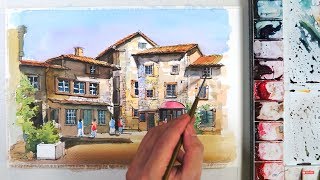 Line and Wash Watercolor :The old village of Perouges in France