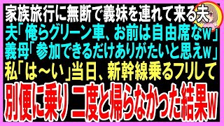 【スカッとする話】家族旅行に無断で義妹を連れて来る夫「俺らグリーン車、お前は自由席なw」義母「参加できるだけありがたいと思えw」私「は〜い」幹線乗るフリして別便に乗り 二度と帰らなかった結果w（朗読）