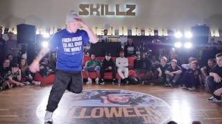 SKILLZ Halloween Jam 2016   breaking open quarter finals    Bboy Deni vs Fresh Force Part 1