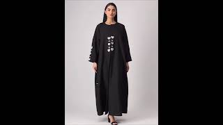 Black abaya with embellished heart appliques. An exquisite item from our 2021 collection. | Abayas