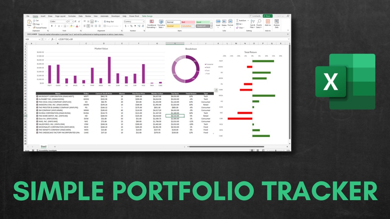 Create A Simple Stock Portfolio Tracker In Excel Using Live Data Youtube