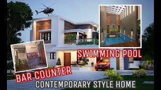 6 സെന്റിലെ 2250 ft² വീട് | Swimming pool | Bar counter | Interior design 3D | Plan | Elevation