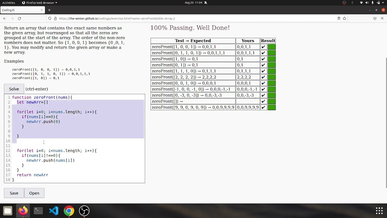 Codingjs (Codingbat) Array-2 --zeroFront Javascript Solution - YouTube