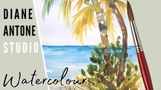 How to Paint Realistic Palm Trees - Simple Easy Beach Scene in Watercolor - Tropical Sea Painting