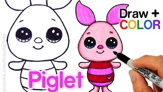 How to Draw + Color Piglet Easy from Winnie the Pooh - Disney Cuties