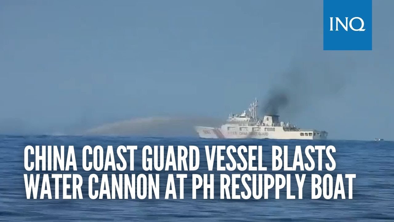 China Coast Guard Vessel Blasts Water Cannon At PH Resupply Boat - YouTube