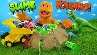 GREEN SLIME Volcano filled with cars & dinosaurs! t-rex in metallic slime! Family Friendly dinasaurs