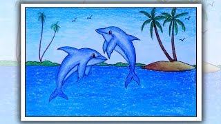How to draw scenery of dolphin in beach | Dolphin scenery drawing