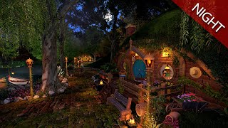 Hobbit Village Ambience 🌙🌲 Night Time At The Shire - Chorus cicadas, occasional rain, windchimes