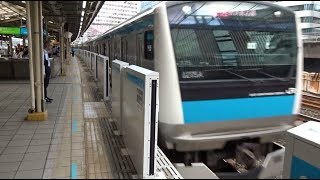 扉が開いた状態のホームドアの有楽町駅を通過していく京浜東北線南行の快速E233系