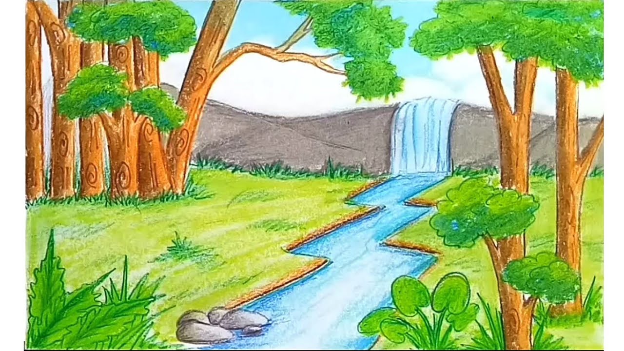 Waterfall Scenery Drawing For Beginners With Oil Pastels - Step By Step ...