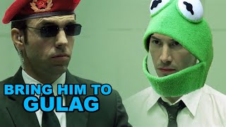 "The Matrix" Interrogation Scene, except Agent Smith is a Russian and Neo is Kermit