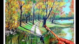 Easy way to paint autumn landscape/acrylic painting/water reflection/step by step